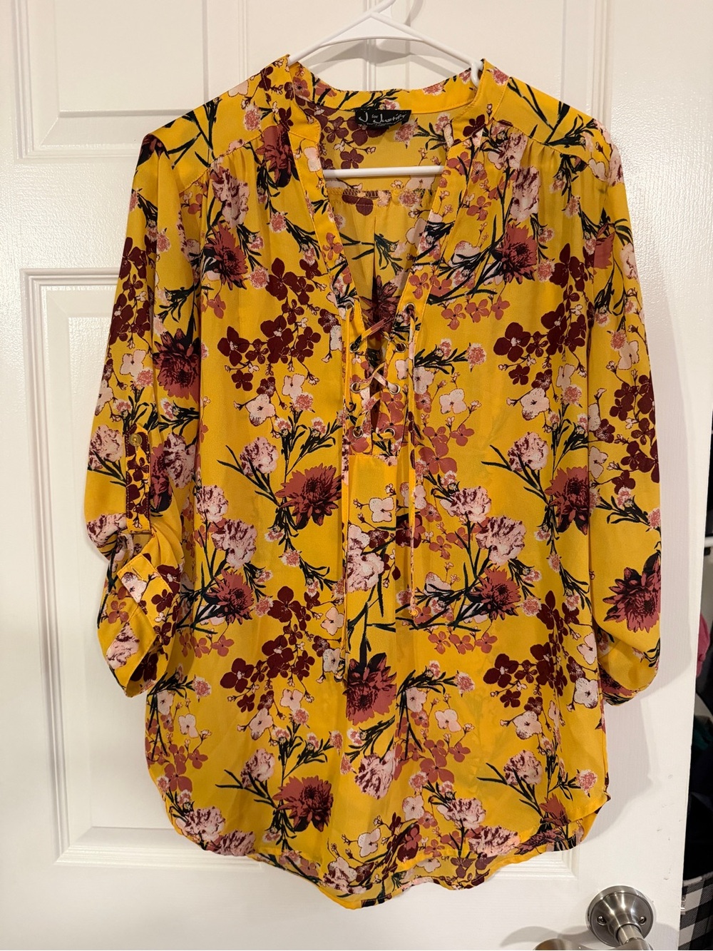 J for Justify Mustard Yellow Floral Split-Neck Blouse